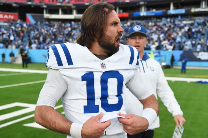 Dec 3, 2023; Nashville, Tennessee, USA; Indianapolis Colts quarterback Gardner Minshew (10) celebrates with teammates after throwing the game-winning touchdown in overtime against the Tennessee Titans at Nissan Stadium. Mandatory Credit: Christopher Hanewinckel-USA TODAY Sports